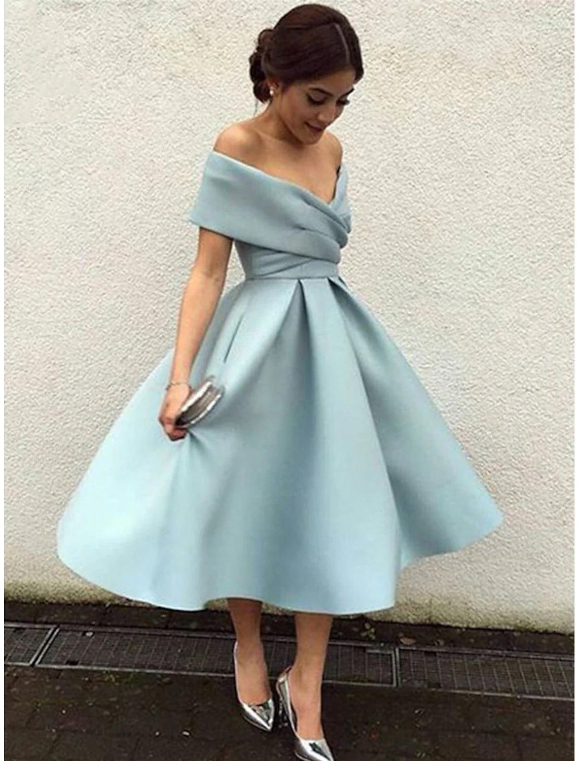 A-Line Cocktail Dresses 1950s Dress Wedding Guest Christmas Red Green Dress Tea Length Short Sleeve V Neck Fabric V Back with Pleats