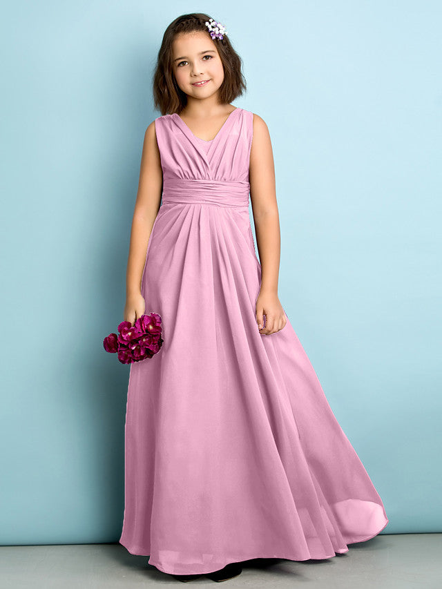 Beautiful A-Line V Neck Chiffon Flower Girl Dress Floor Length With Criss Cross Natural Mini Me