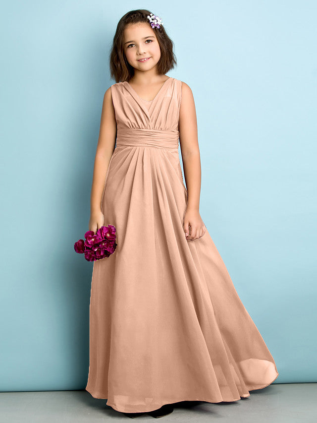 Beautiful A-Line V Neck Chiffon Flower Girl Dress Floor Length With Criss Cross Natural Mini Me