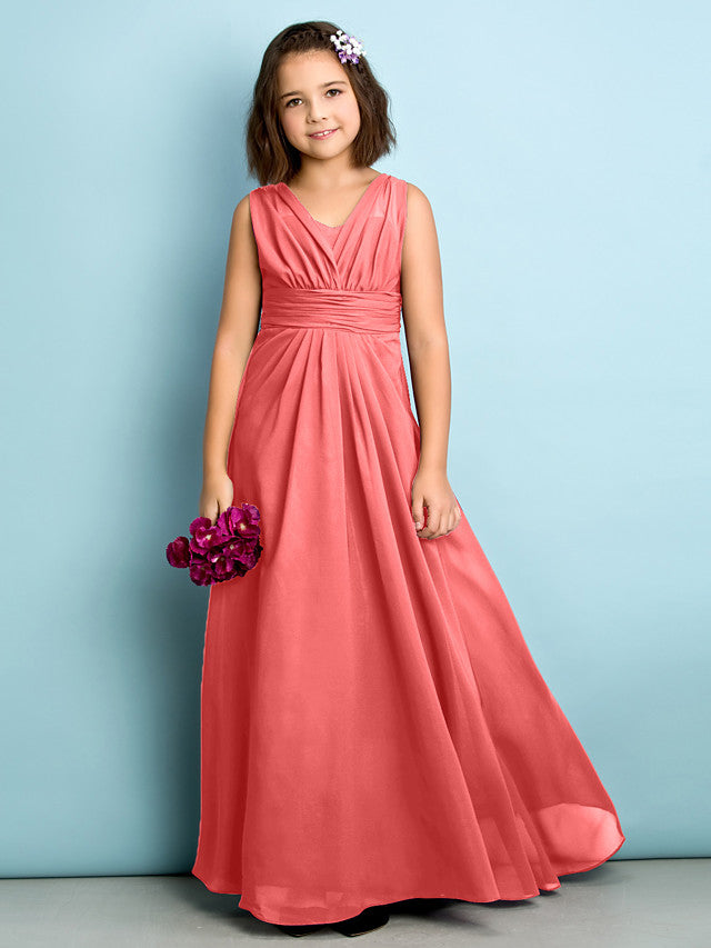 Beautiful A-Line V Neck Chiffon Flower Girl Dress Floor Length With Criss Cross Natural Mini Me