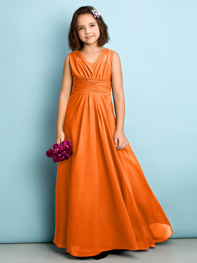 Beautiful A-Line V Neck Chiffon Flower Girl Dress Floor Length With Criss Cross Natural Mini Me