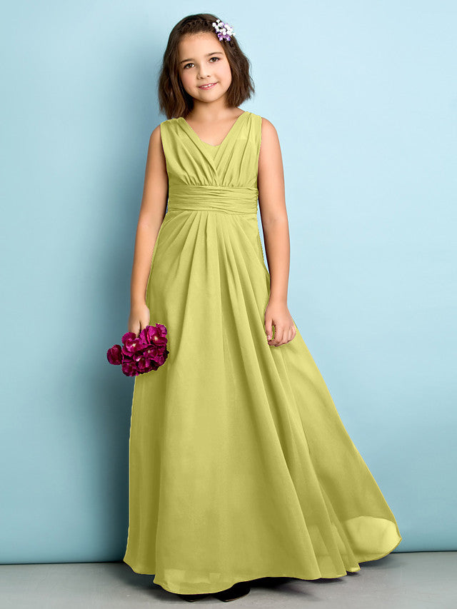 Beautiful A-Line V Neck Chiffon Flower Girl Dress Floor Length With Criss Cross Natural Mini Me