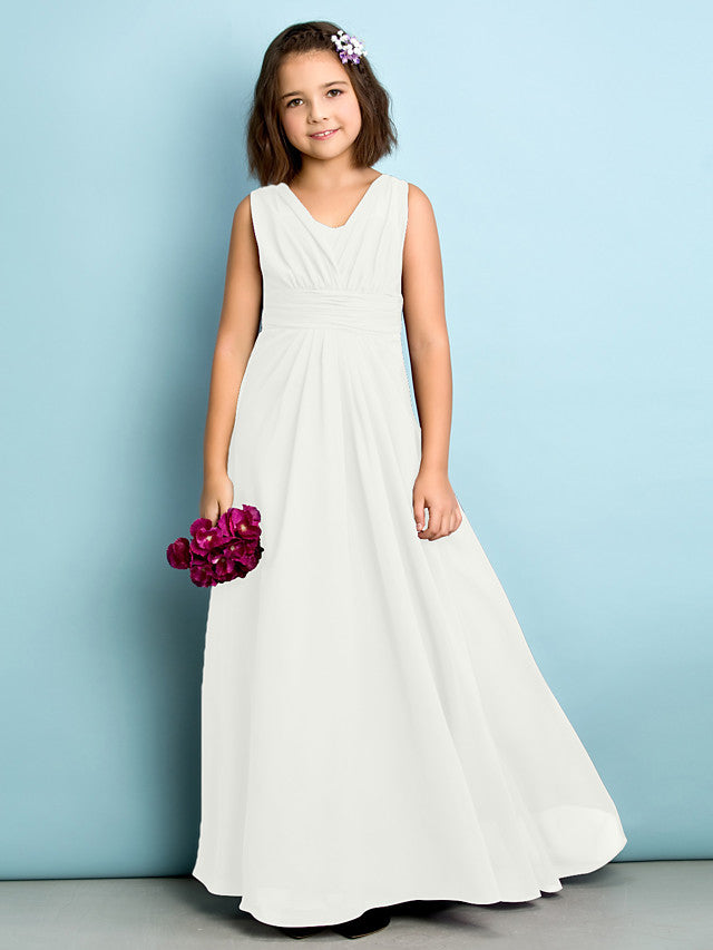 Beautiful A-Line V Neck Chiffon Flower Girl Dress Floor Length With Criss Cross Natural Mini Me