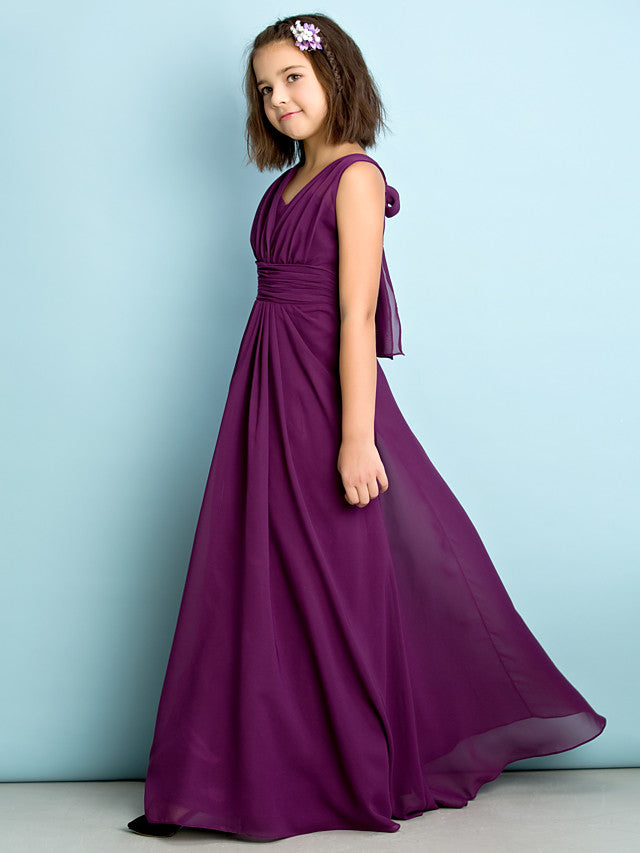 Beautiful A-Line V Neck Chiffon Flower Girl Dress Floor Length With Criss Cross Natural Mini Me