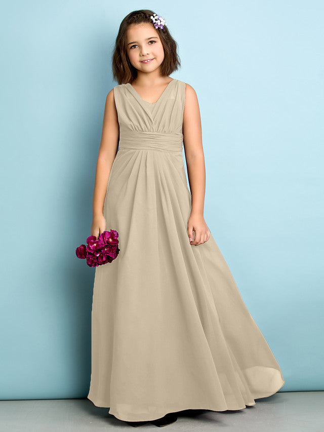 Beautiful A-Line V Neck Chiffon Flower Girl Dress Floor Length With Criss Cross Natural Mini Me