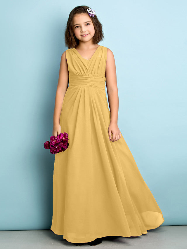 Beautiful A-Line V Neck Chiffon Flower Girl Dress Floor Length With Criss Cross Natural Mini Me