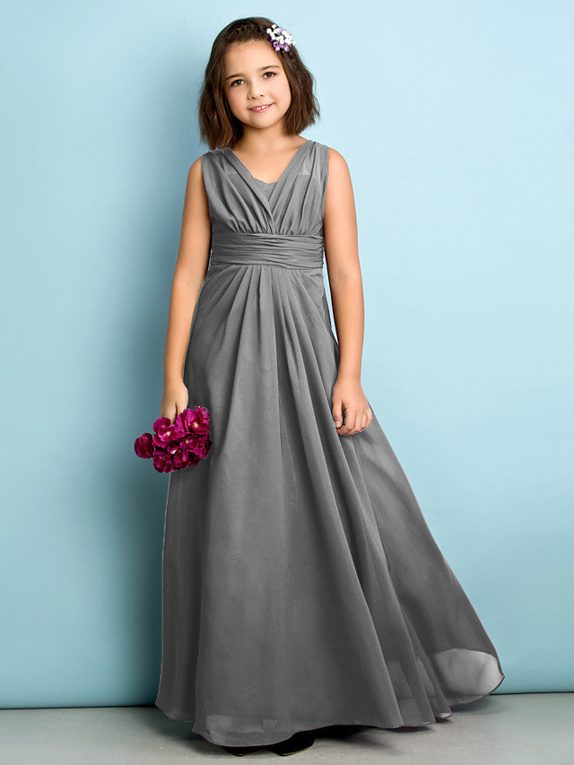 Beautiful A-Line V Neck Chiffon Flower Girl Dress Floor Length With Criss Cross Natural Mini Me