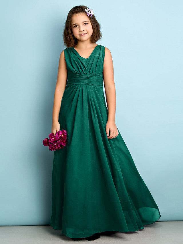 Beautiful A-Line V Neck Chiffon Flower Girl Dress Floor Length With Criss Cross Natural Mini Me