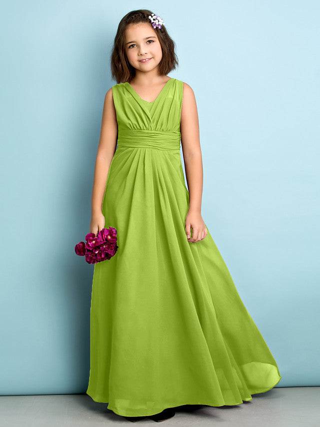 Beautiful A-Line V Neck Chiffon Flower Girl Dress Floor Length With Criss Cross Natural Mini Me