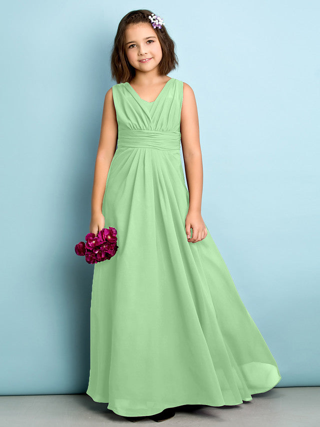 Beautiful A-Line V Neck Chiffon Flower Girl Dress Floor Length With Criss Cross Natural Mini Me