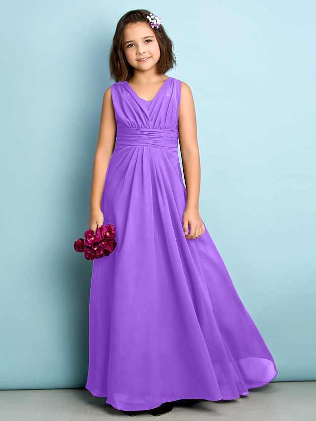 Beautiful A-Line V Neck Chiffon Flower Girl Dress Floor Length With Criss Cross Natural Mini Me