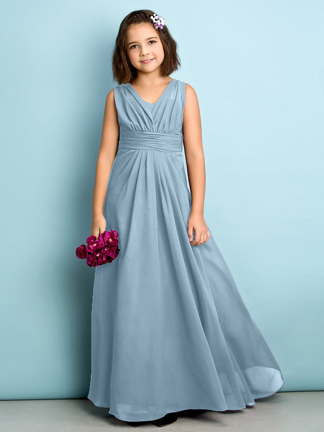 Beautiful A-Line V Neck Chiffon Flower Girl Dress Floor Length With Criss Cross Natural Mini Me