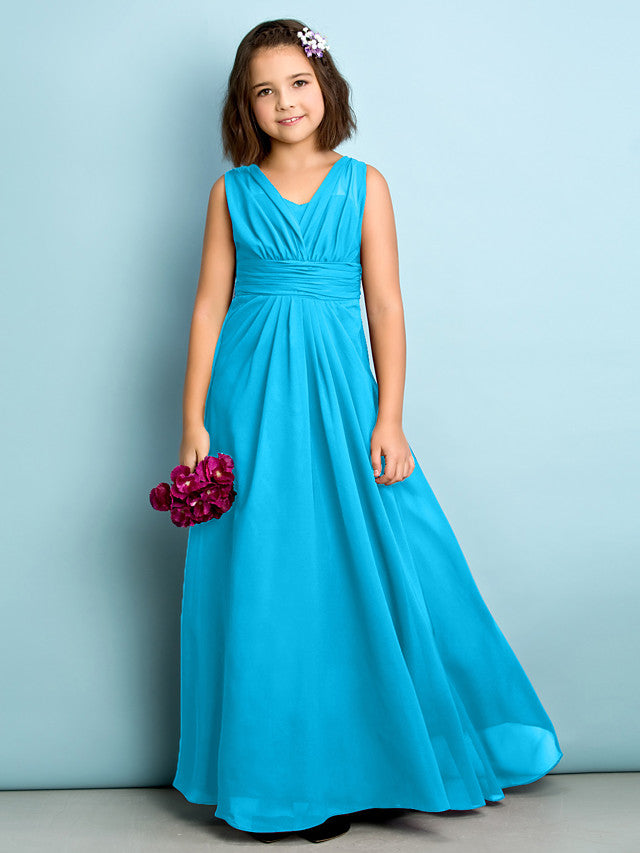 Beautiful A-Line V Neck Chiffon Flower Girl Dress Floor Length With Criss Cross Natural Mini Me