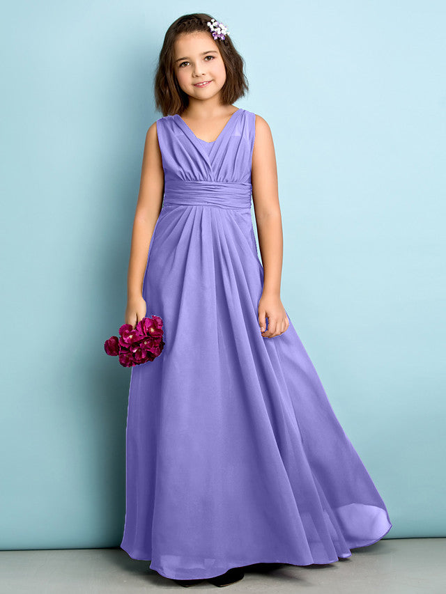 Beautiful A-Line V Neck Chiffon Flower Girl Dress Floor Length With Criss Cross Natural Mini Me