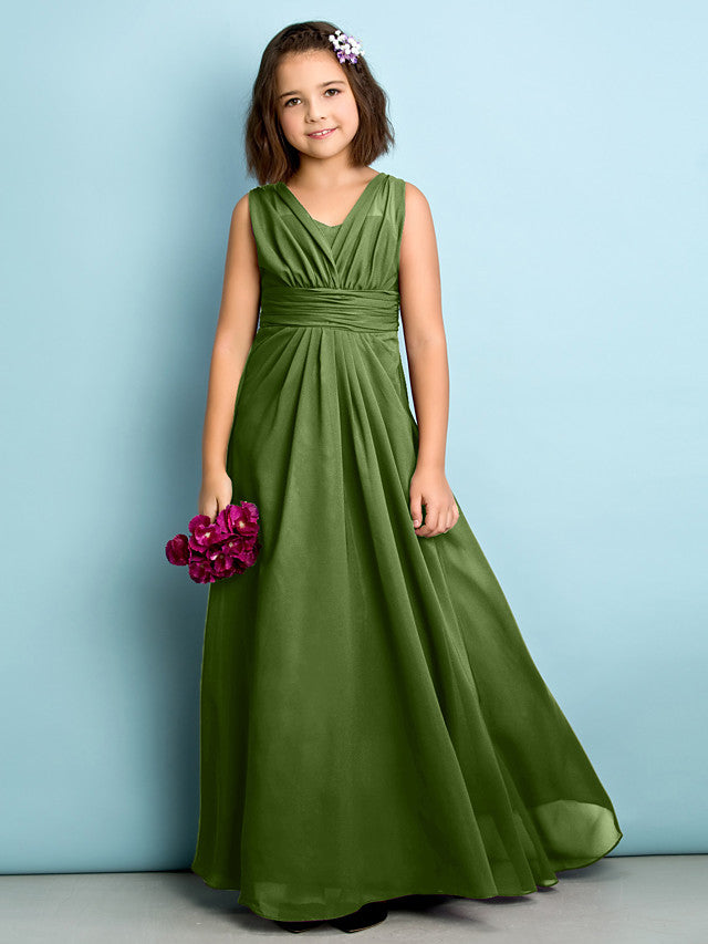 Beautiful A-Line V Neck Chiffon Flower Girl Dress Floor Length With Criss Cross Natural Mini Me