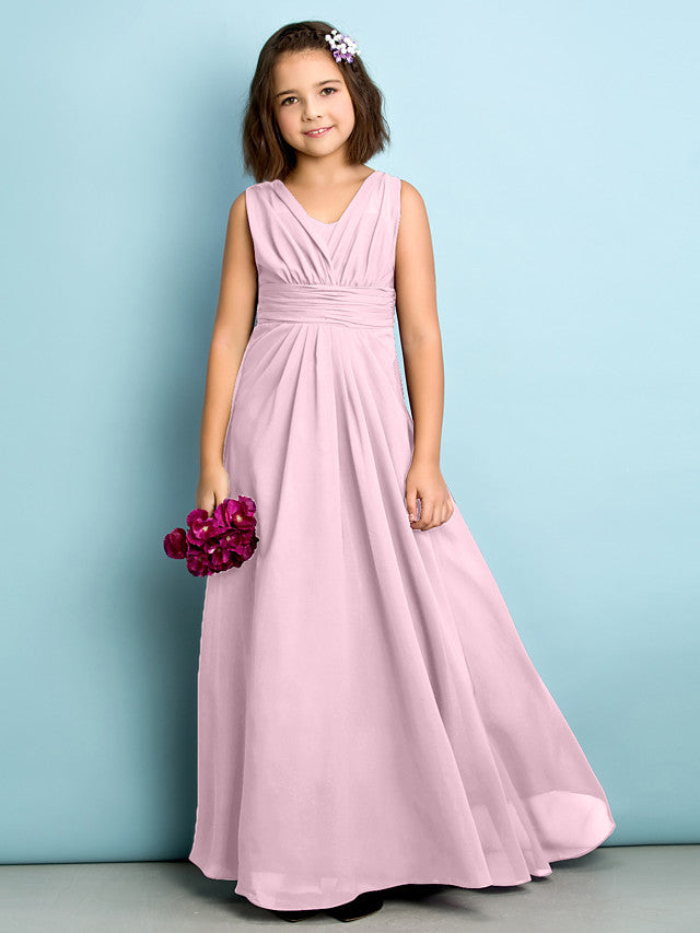 Beautiful A-Line V Neck Chiffon Flower Girl Dress Floor Length With Criss Cross Natural Mini Me