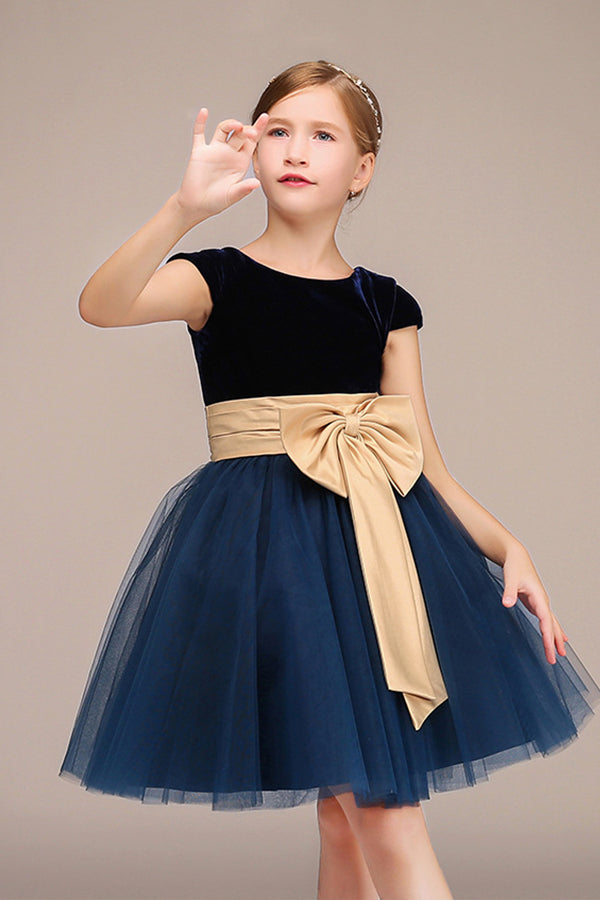 Beautiful Cap Sleeve Jewel Polyester Flower Girl Dress with Tulle Bow