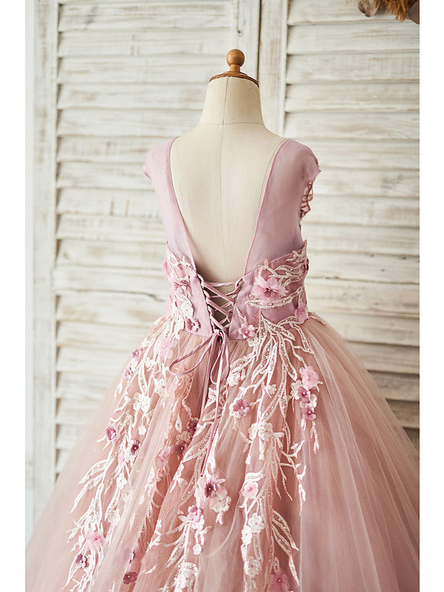 Beautiful Floor Length Jewel Ball Gown Flower Girl Dresses with Lace Tulle & Pearls