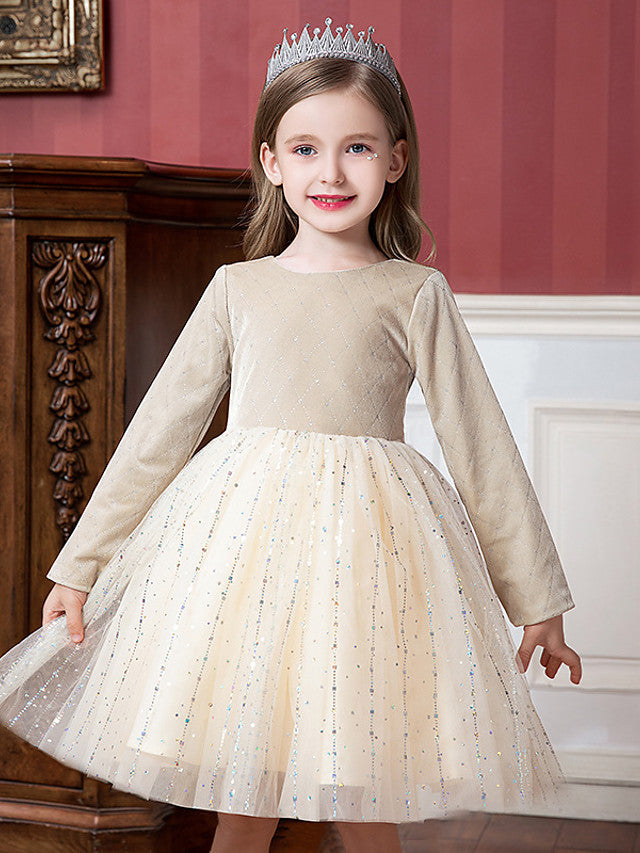 Beautiful Flower Girl Dress with Splicing Paillette - Tulle Velvet Long Sleeve Jewel Neck Ball Gown Knee Length
