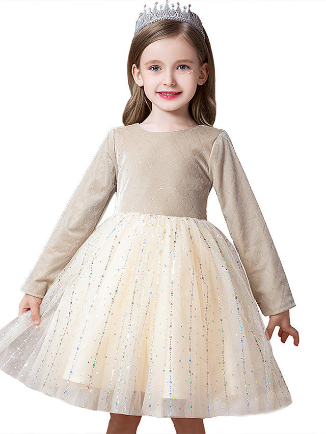 Beautiful Flower Girl Dress with Splicing Paillette - Tulle Velvet Long Sleeve Jewel Neck Ball Gown Knee Length