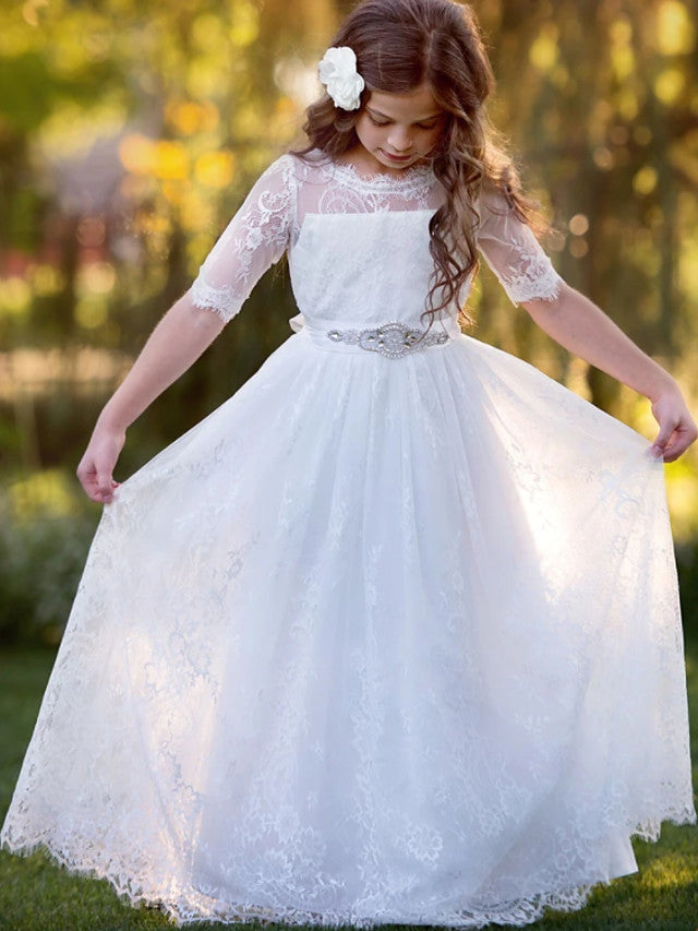Beautiful Lace Tulle A-Line Floor Length Flower Girl Dress with Long Sleeve and Tier