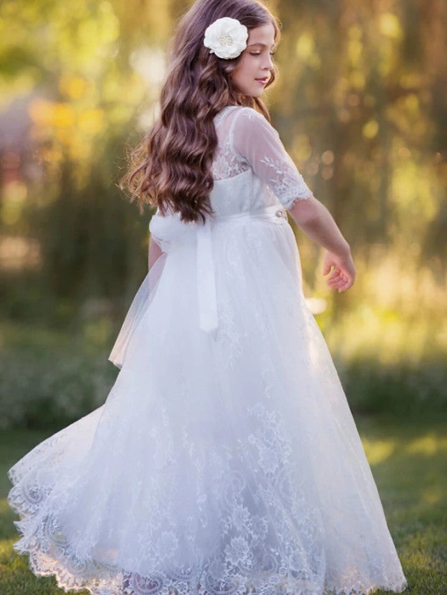 Beautiful Lace Tulle A-Line Floor Length Flower Girl Dress with Long Sleeve and Tier