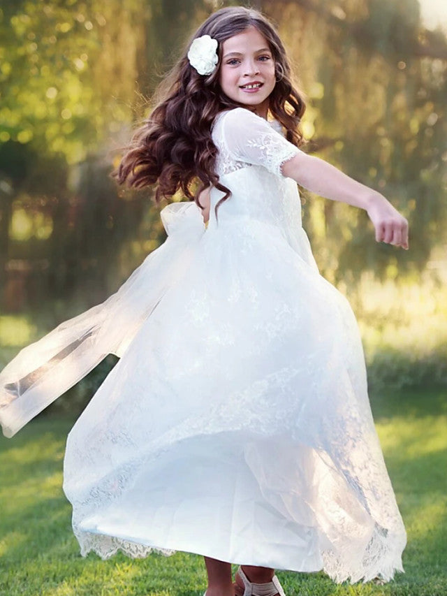 Beautiful Lace Tulle A-Line Floor Length Flower Girl Dress with Long Sleeve and Tier