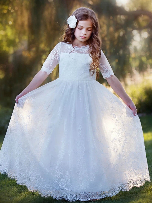 Beautiful Lace Tulle A-Line Floor Length Flower Girl Dress with Long Sleeve and Tier