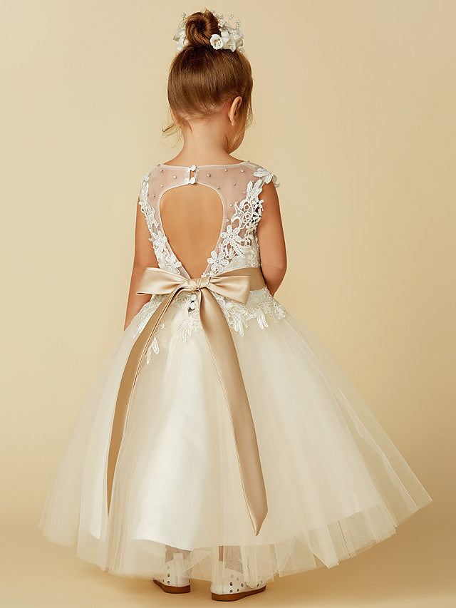 Beautiful Lace Tulle Ball Gown with Belt, Buttons, and Beading for Flower Girls