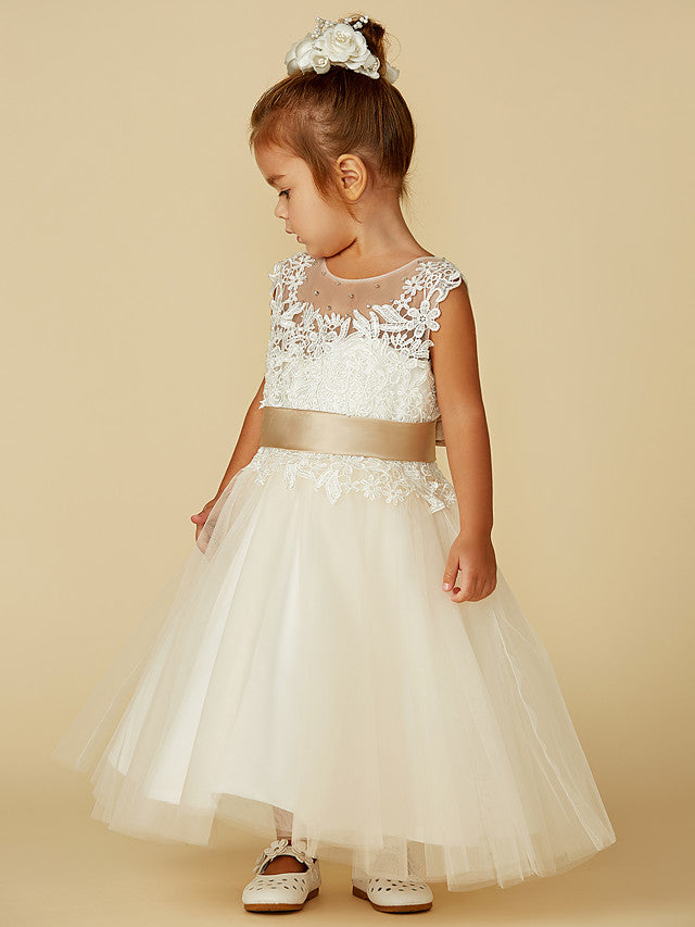 Beautiful Lace Tulle Ball Gown with Belt, Buttons, and Beading for Flower Girls
