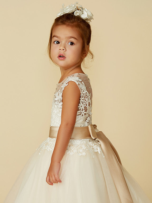 Beautiful Lace Tulle Ball Gown with Belt, Buttons, and Beading for Flower Girls