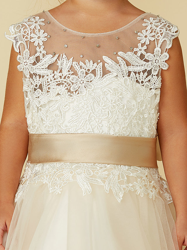 Beautiful Lace Tulle Ball Gown with Belt, Buttons, and Beading for Flower Girls