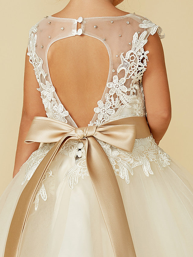 Beautiful Lace Tulle Ball Gown with Belt, Buttons, and Beading for Flower Girls