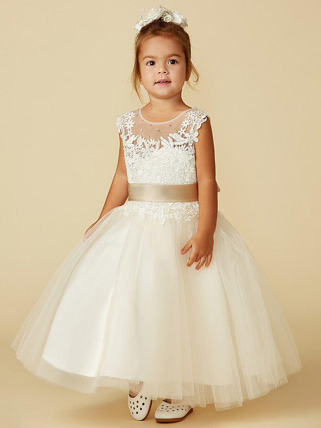 Beautiful Lace Tulle Ball Gown with Belt, Buttons & Beading for Girls