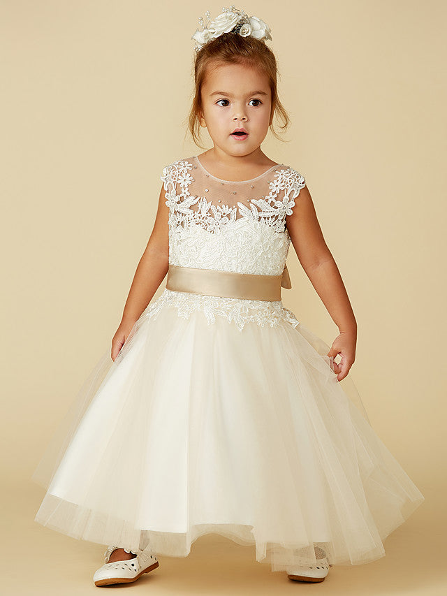 Beautiful Lace Tulle Ball Gown with Belt, Buttons & Beading for Girls