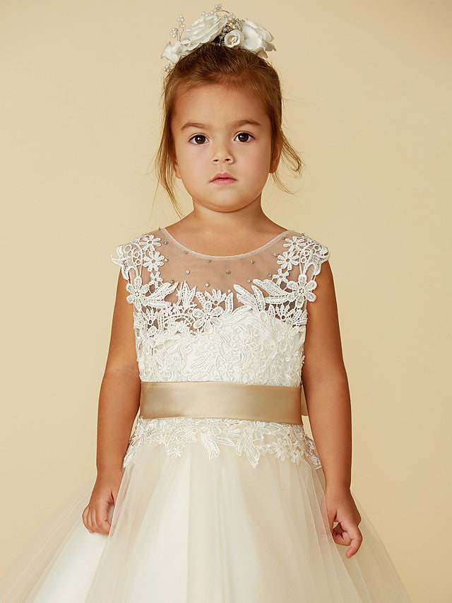 Beautiful Lace Tulle Ball Gown with Belt, Buttons & Beading for Girls