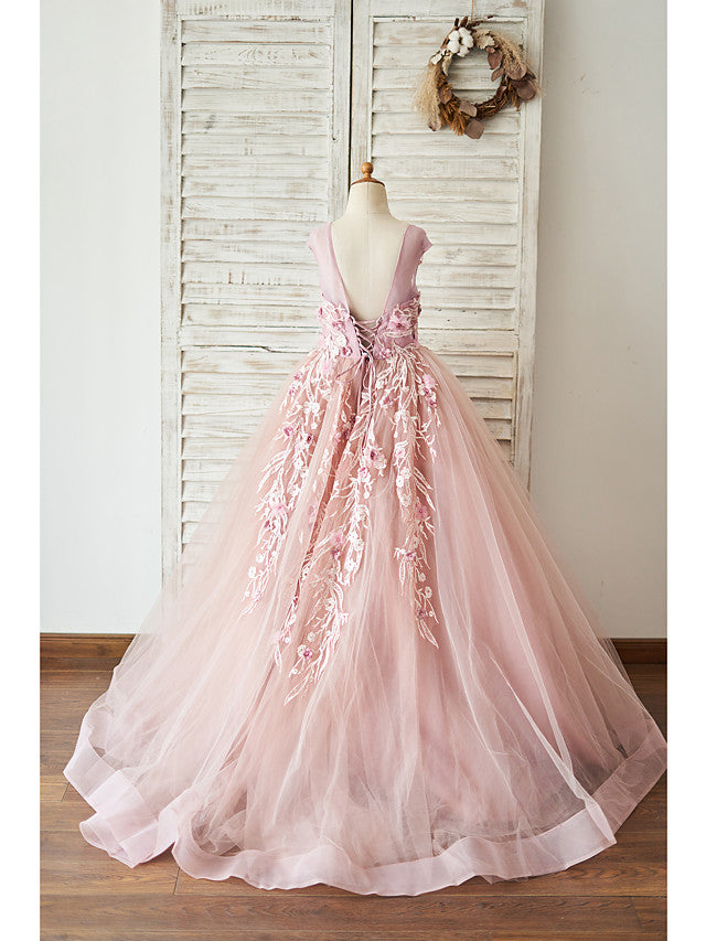 Beautiful Lace Tulle Sleeveless Jewel Ball Gown with Pearls for Flower Girls