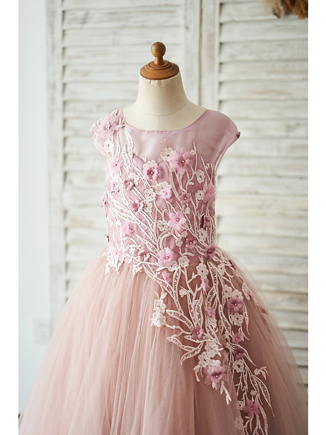 Beautiful Lace Tulle Sleeveless Jewel Ball Gown with Pearls for Flower Girls