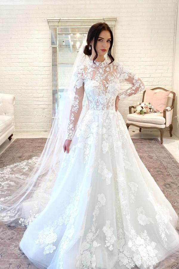 Beautiful Long A-line High Neck Open Back Wedding Dress With Lace Sleeves