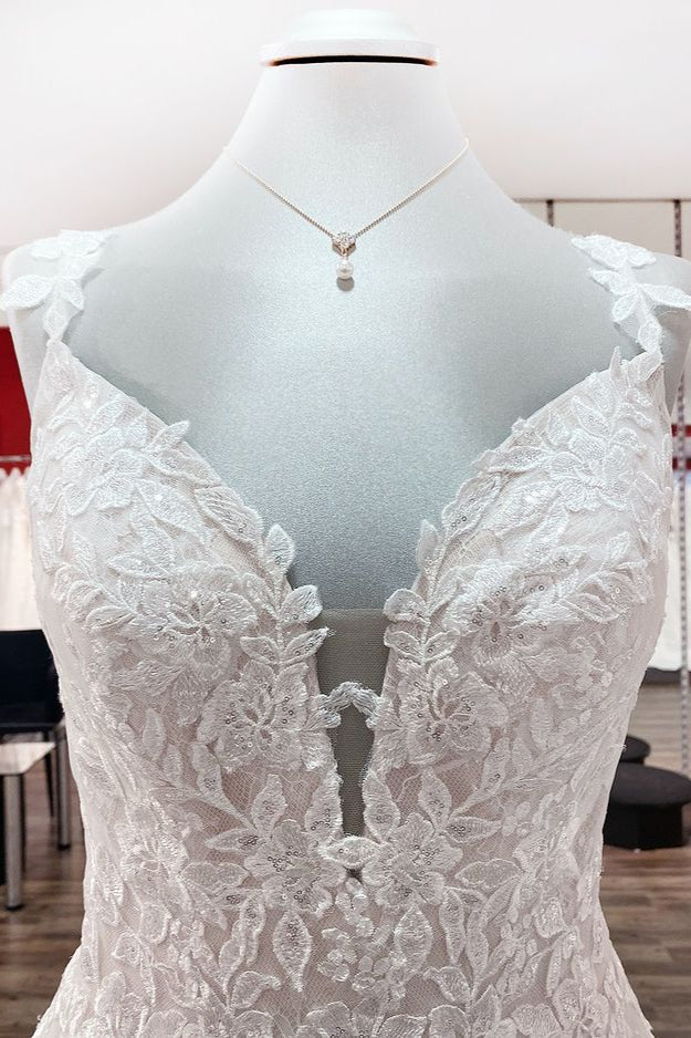 Beautiful Long A-Line V-Neck Tulle Lace Wedding Dress with Ruffles and Open Back