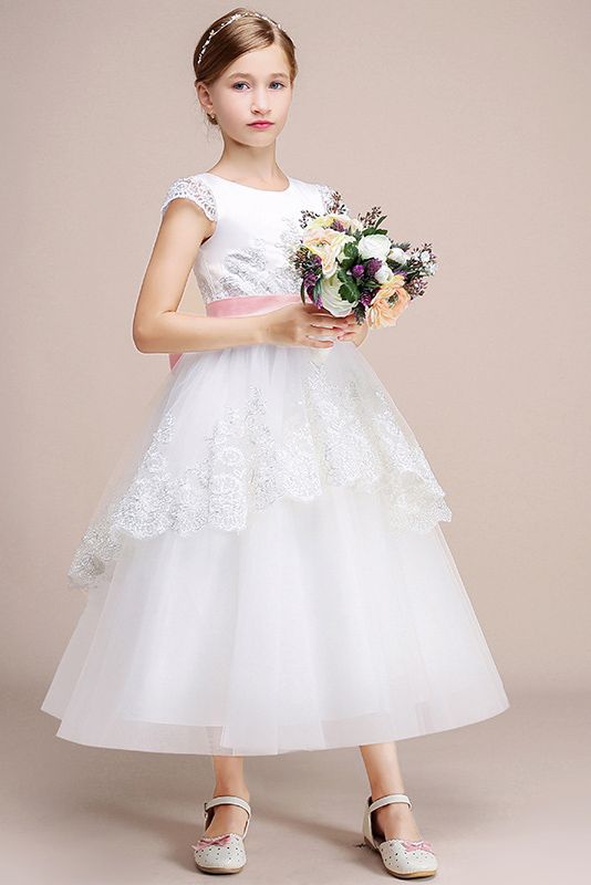 Beautiful Lovely Jewel Cap Sleeves Flower Girl Dress Tulle