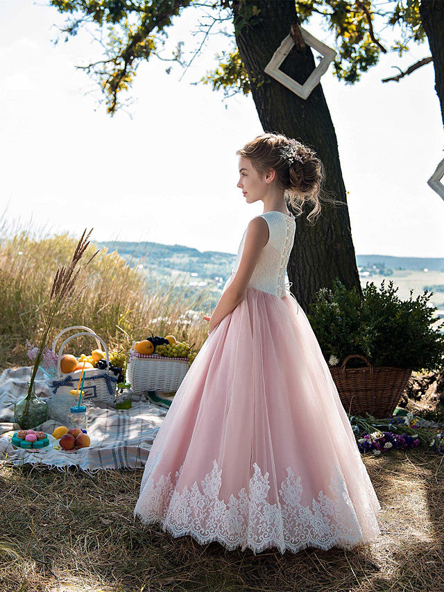 Beautiful Princess Sleeveless Jewel Neck Flower Girl Dress with Tulle Cotton and Lace Belt Appliques