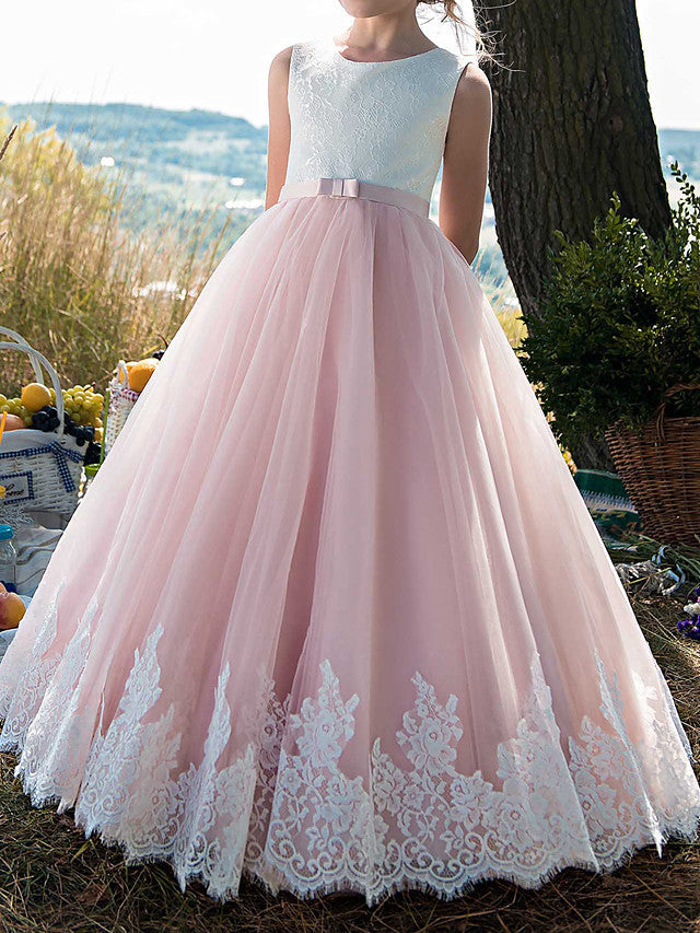 Beautiful Princess Sleeveless Jewel Neck Flower Girl Dress with Tulle Cotton and Lace Belt Appliques