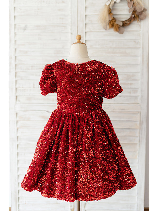 Beautiful Short Sleeve Jewel Neck Ball Gown Knee Length Flower Girl Dress With Sequined