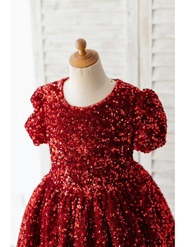 Beautiful Short Sleeve Jewel Neck Ball Gown Knee Length Flower Girl Dress With Sequined