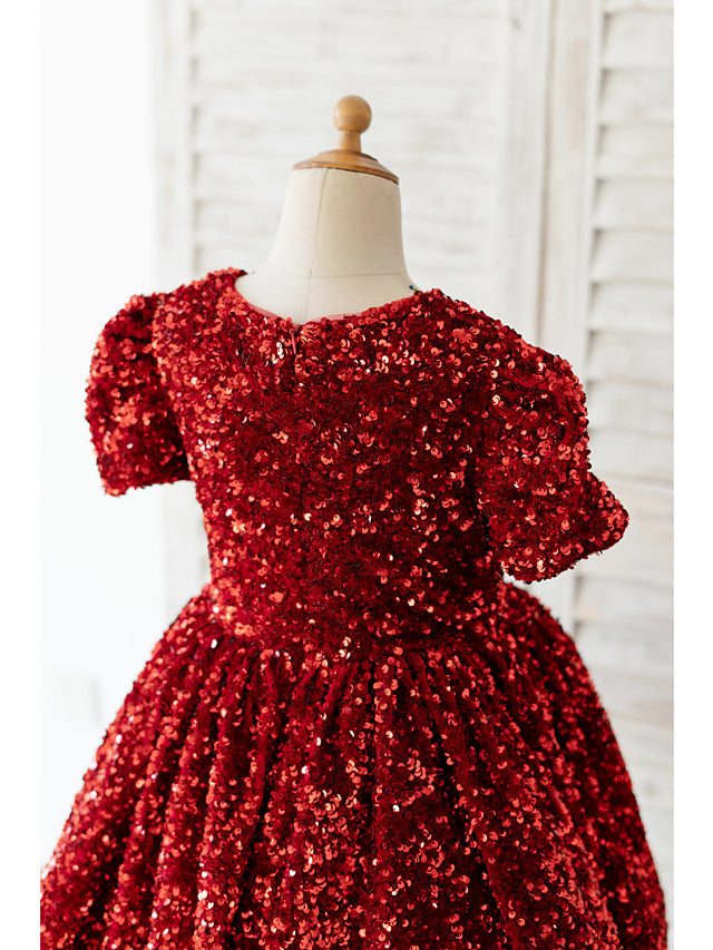 Beautiful Short Sleeve Jewel Neck Ball Gown Knee Length Flower Girl Dress With Sequined