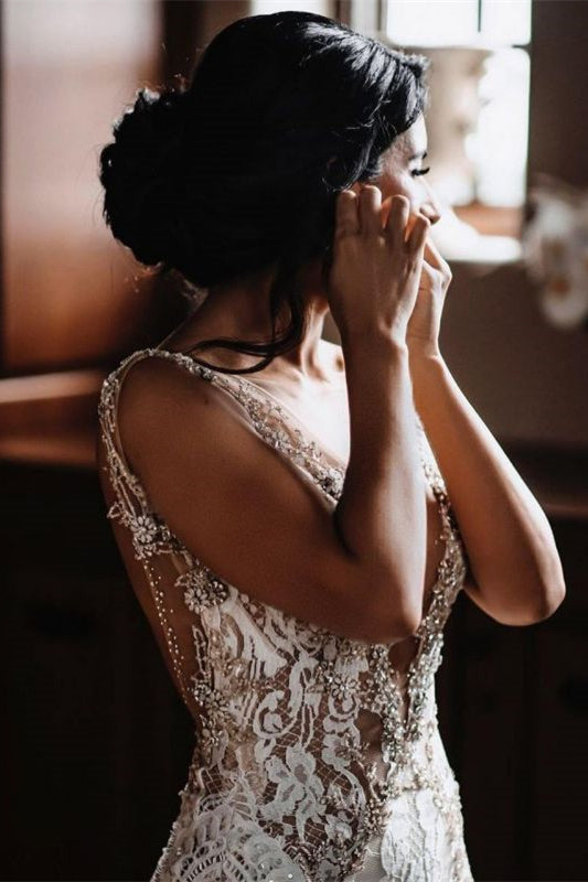 Beautiful Straps Sleeveless Lace Wedding Dress Mermaid with Beadings