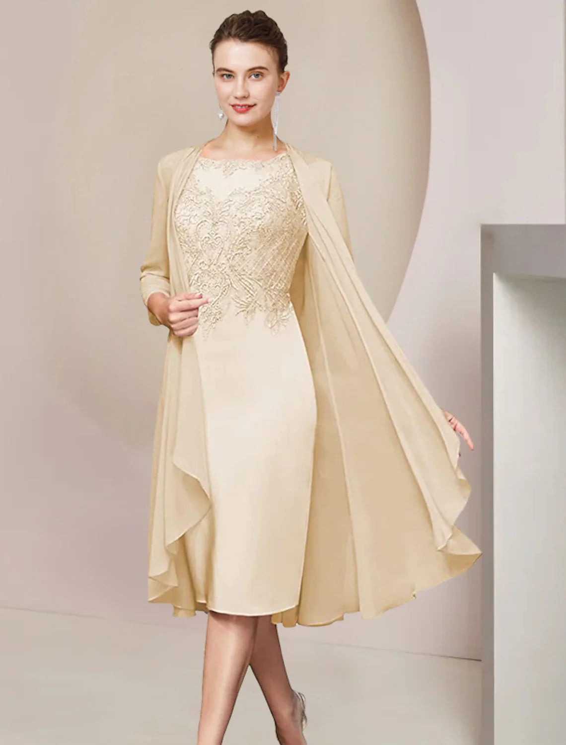 Aimishang Two Piece Sheath / Column Mother of the Bride Dress Formal Wedding Guest Elegant Scoop Neck Knee Length Chiffon Lace Half Sleeve Jacket Dresses with Appliques