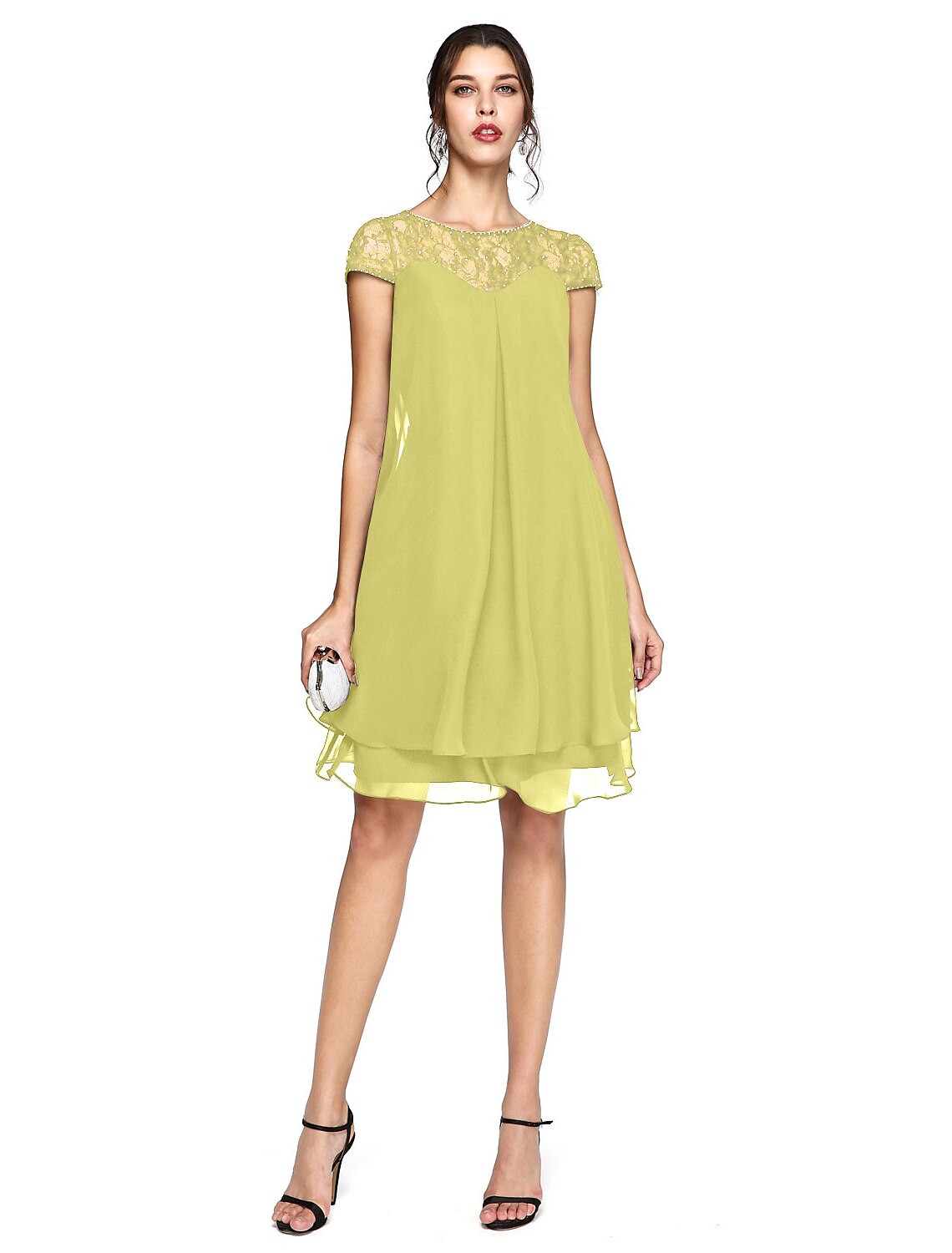 Aimishang A-Line Mother of the Bride Dress Plus Size Elegant Illusion Neck Knee Length Chiffon Lace Short Sleeve with Sequin