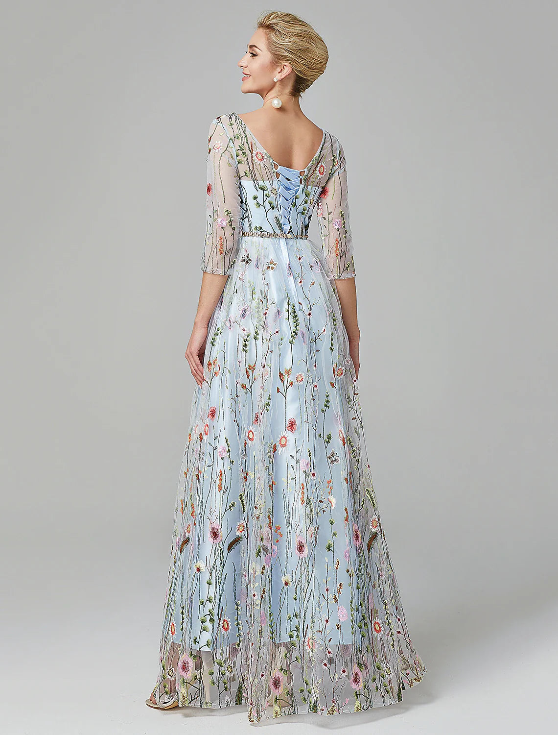 A-Line Evening Gown Party Dress Floral Dress Holiday Wedding Guest Floor Length 3/4 Length Sleeve Illusion Neck Lace with Embroidery 2025